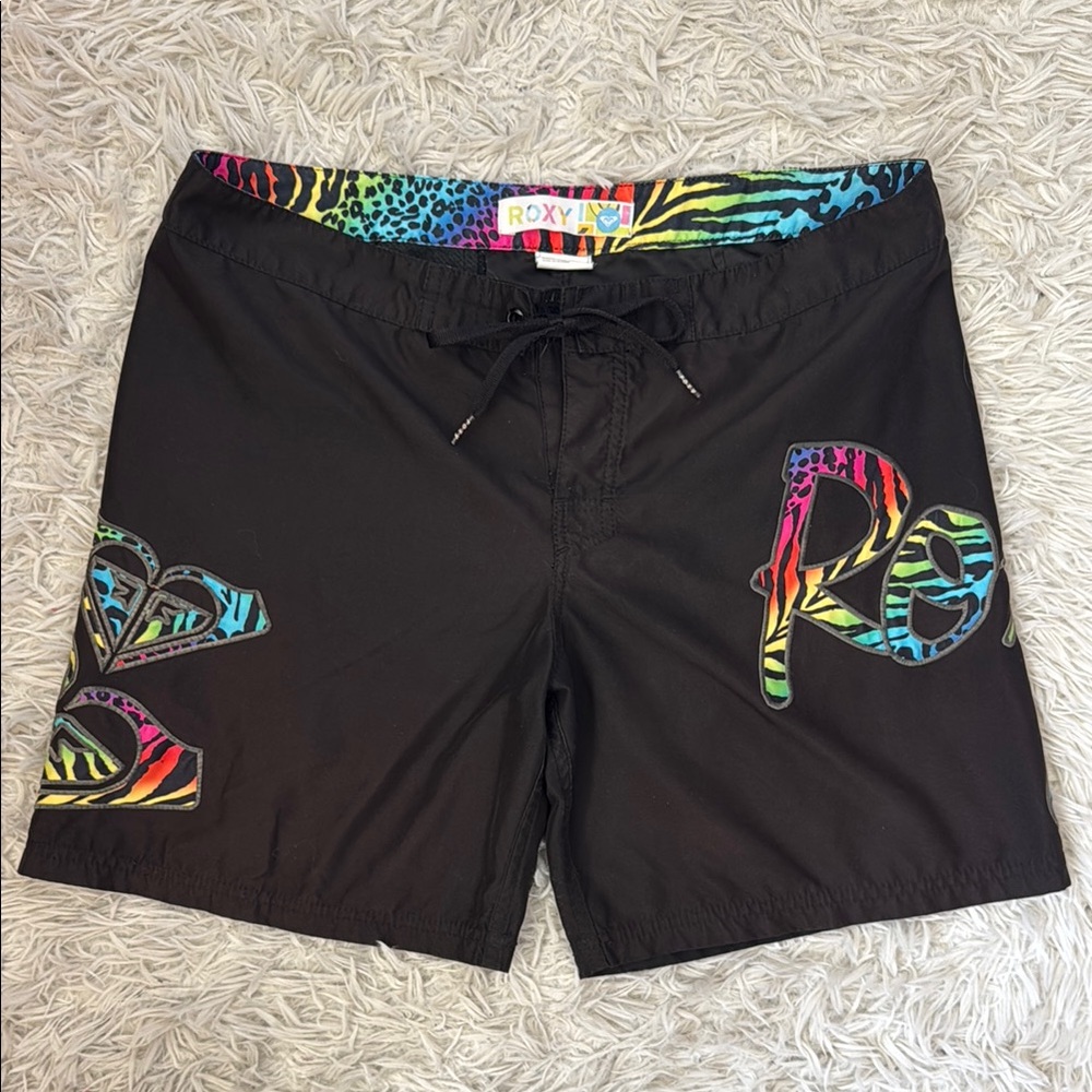 Y2K Roxy Men's Black Swim Shorts Black w/ Multicolor Animal Print Design Size 11